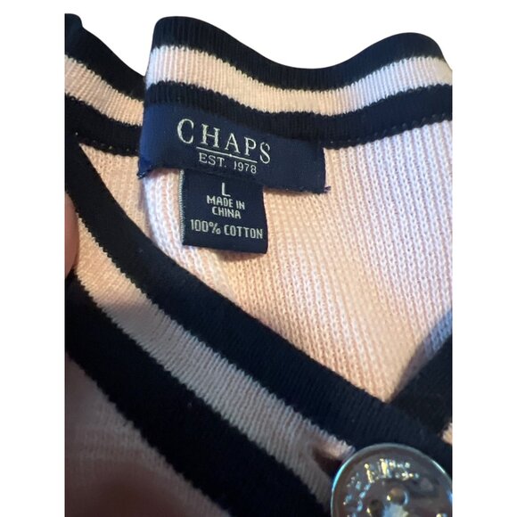 Chaps Womens Light Pink  Navy trim Cardigan Sweater L 100% Cotton Preppy Classic - Picture 2 of 5